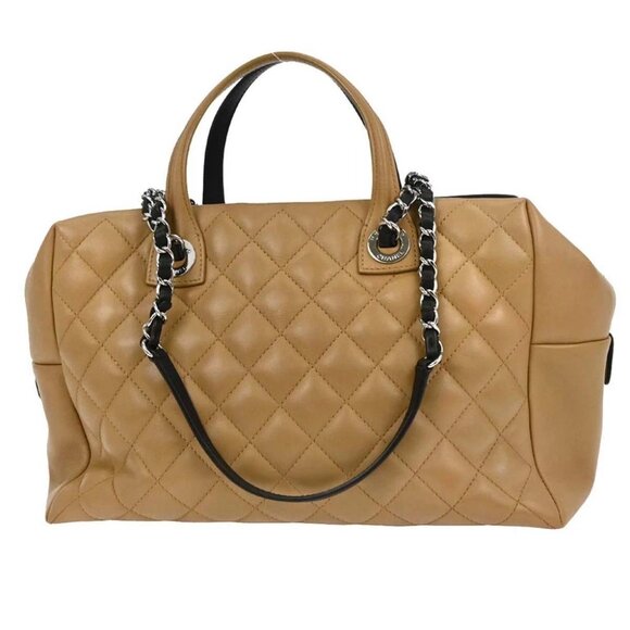 Chanel Black Beige Calfskin Featherweight Bowling Bag - Picture 2 of 10